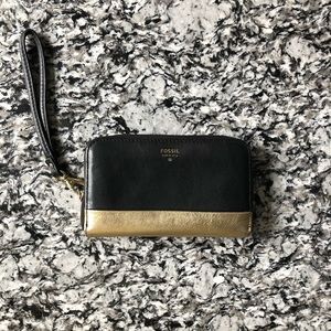 Fossil Black & Gold Leather Wristlet